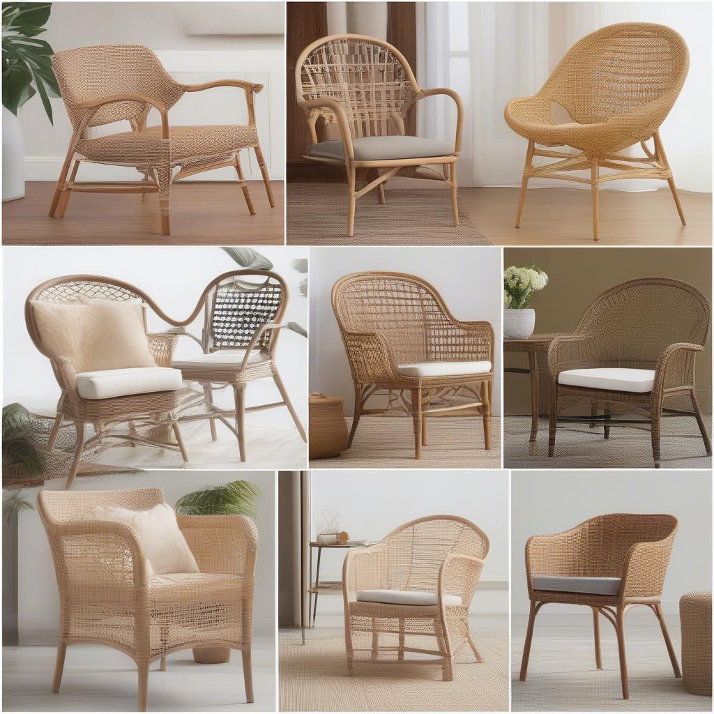 Different styles and designs of rattan open weave chairs.