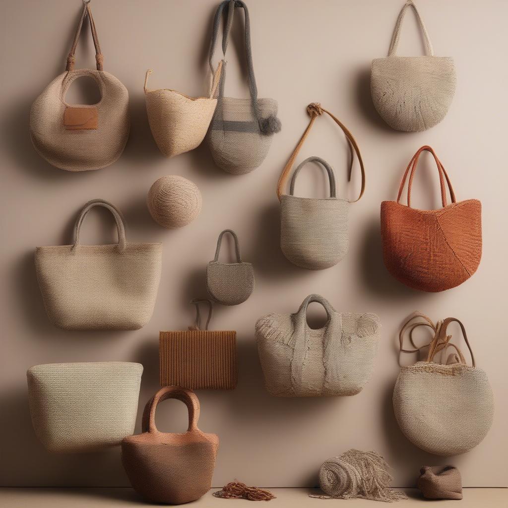 A diverse display of woven stories bags showcasing different materials, sizes, and designs.