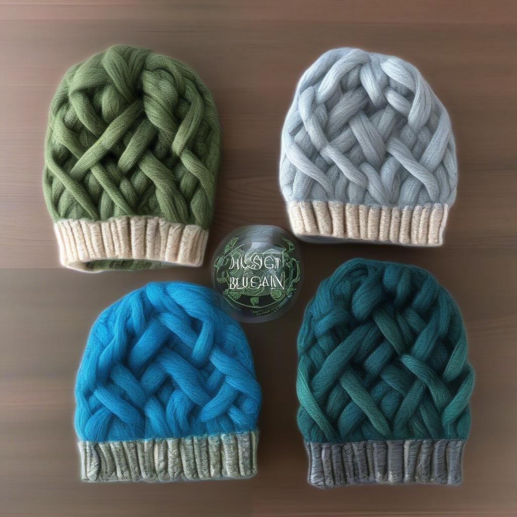 Different Celtic weave messy bun hat patterns displayed on a table, showcasing variations in yarn color, cable design, and bun opening size.