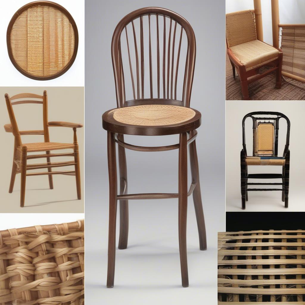 Different styles of chair caning and seat weaving, including six-strand, eight-strand, and pre-woven cane