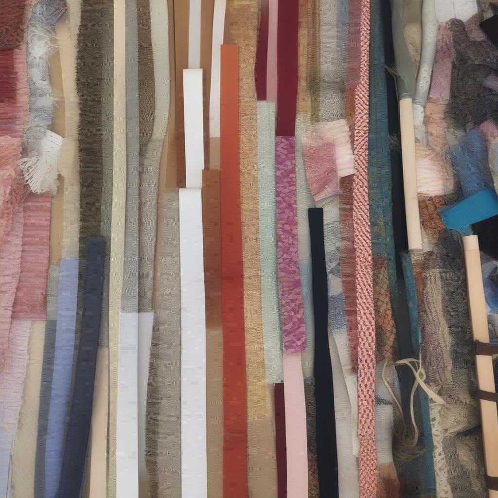 Different fabric strips prepared for cane chair weaving, showcasing a range of colors and textures.