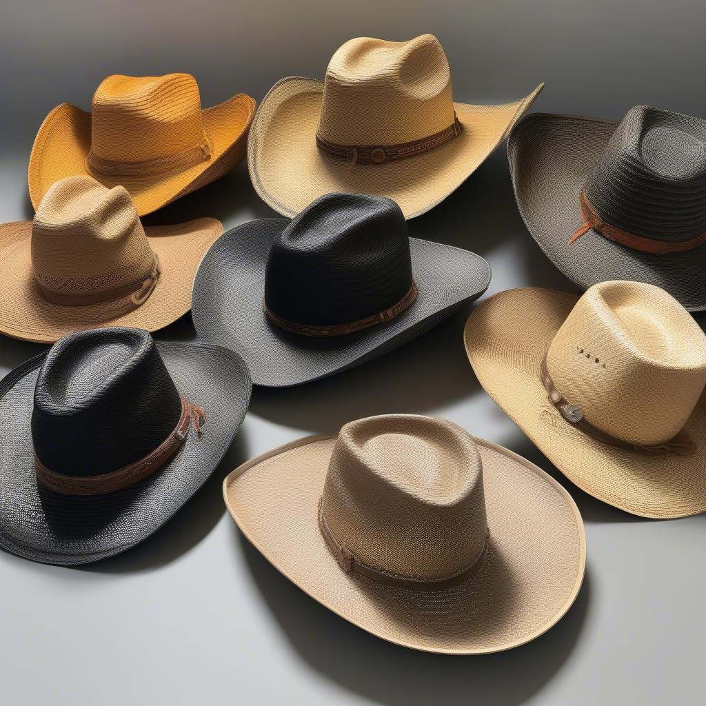 A display of various open weave straw cowboy hats, showcasing different styles, weaves, and colors.