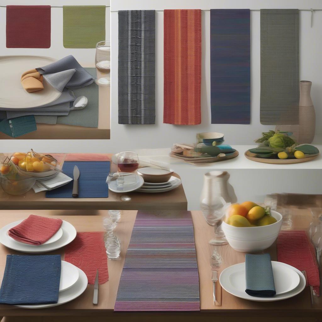 A variety of rep weave table runners in different styles, colors, and sizes displayed on various table settings