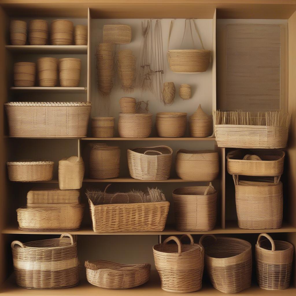 Different types of woven basket materials including straw, wicker, and rattan