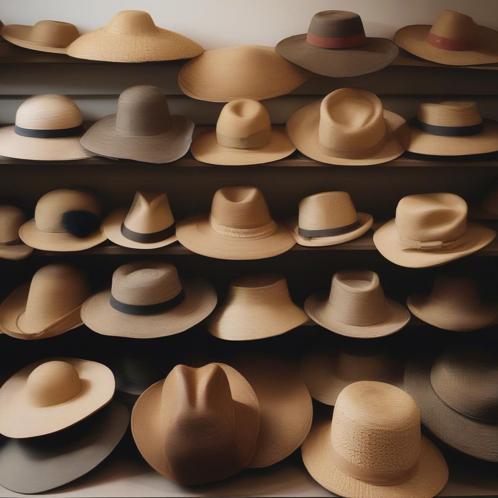 Display of various woven hats, showcasing different materials and techniques