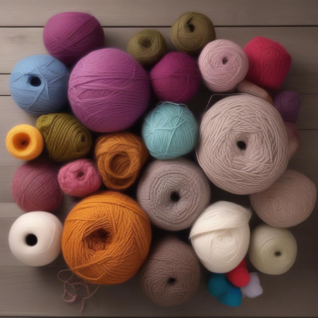 An array of yarns in different colors and textures, alongside various sizes of knitting looms.