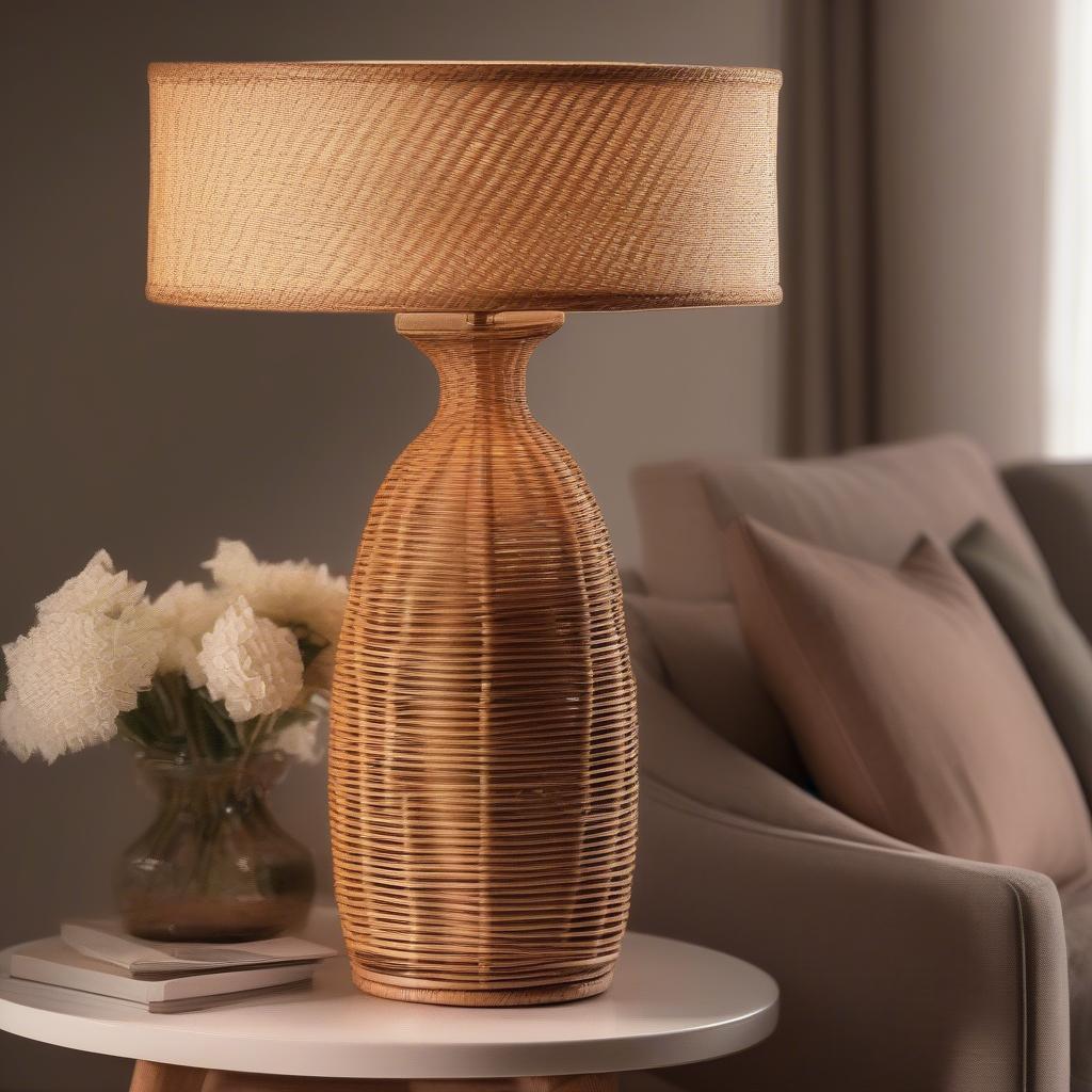 Vintage rattan table lamp in a living room setting, illuminating the space with a warm and inviting glow.