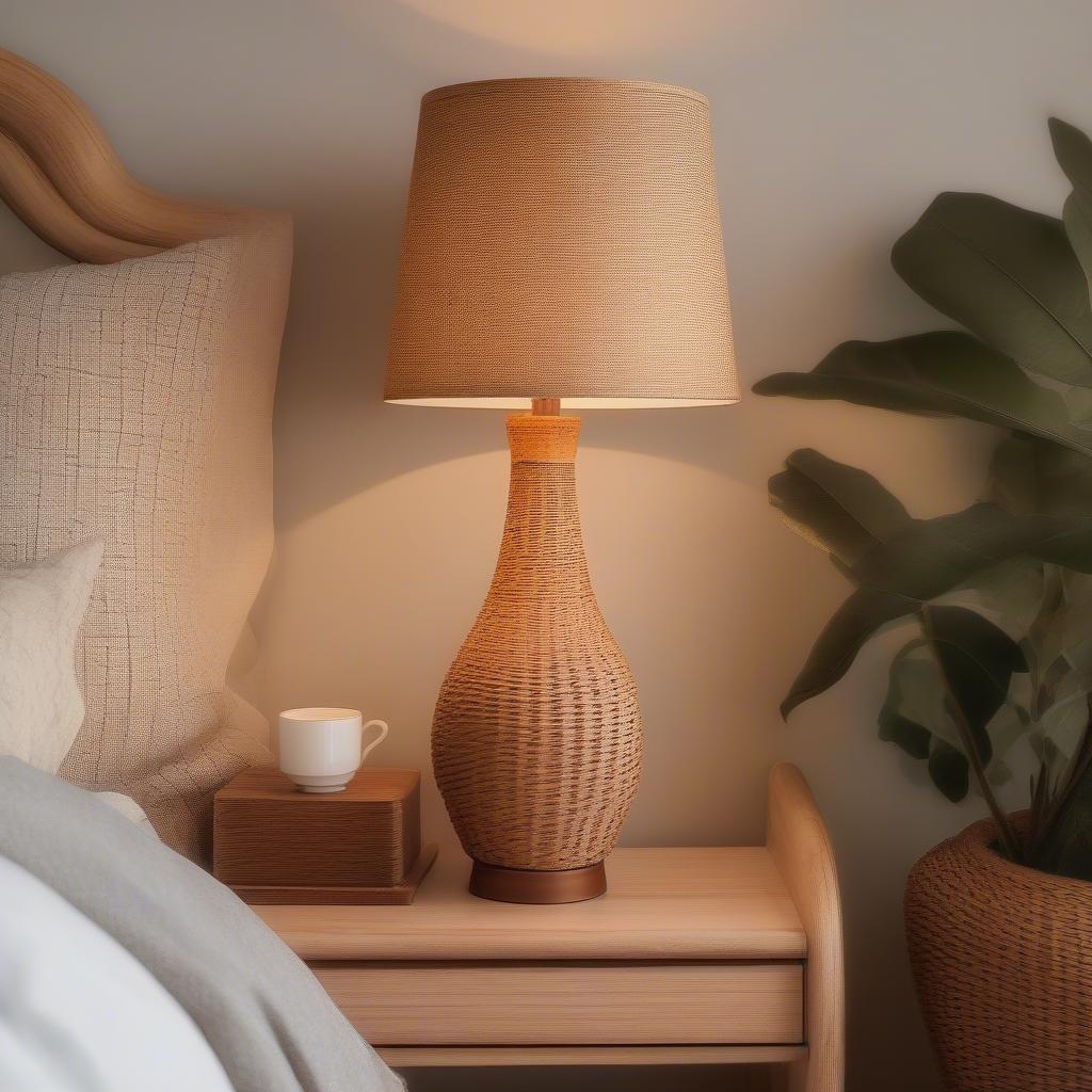 Vintage wicker table lamp in a bedroom setting, showcasing its ability to complement various interior design styles.