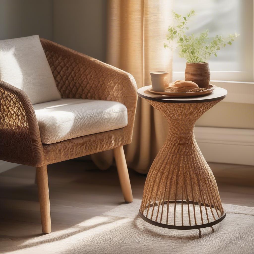 Vintage Wood Weave Side Table in a Living Room Setting