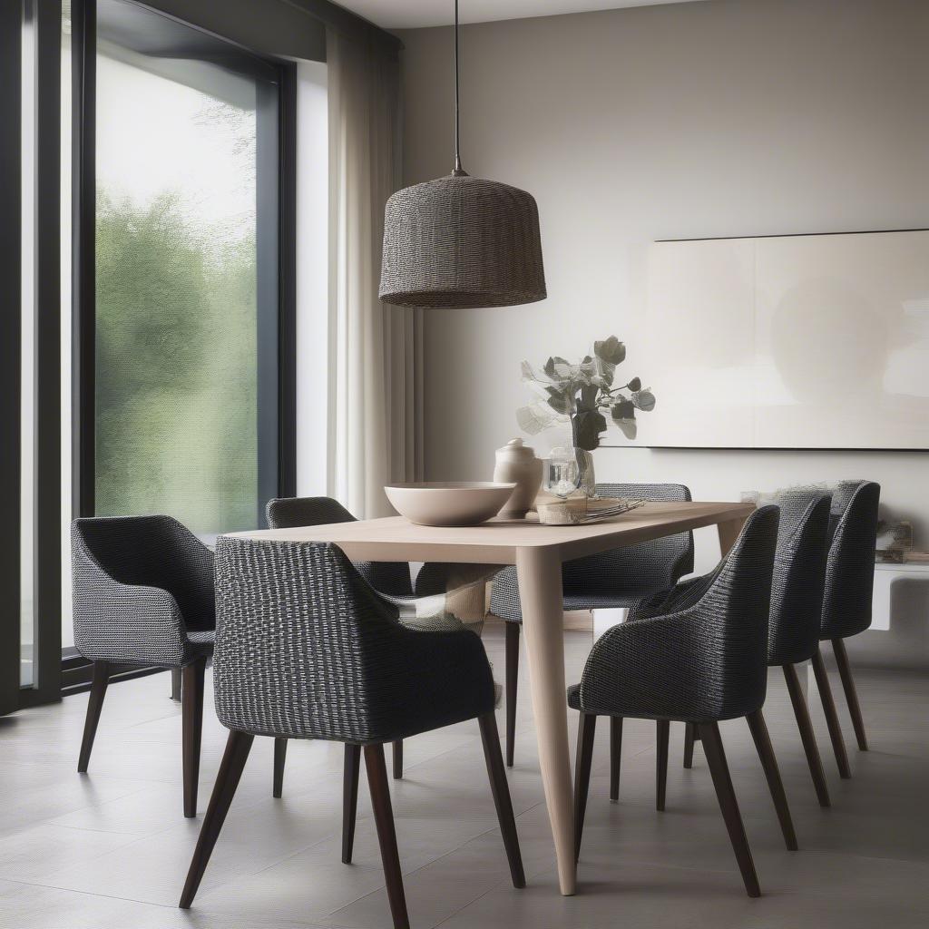 A set of vinyl weave chairs around a dining table in an indoor setting.