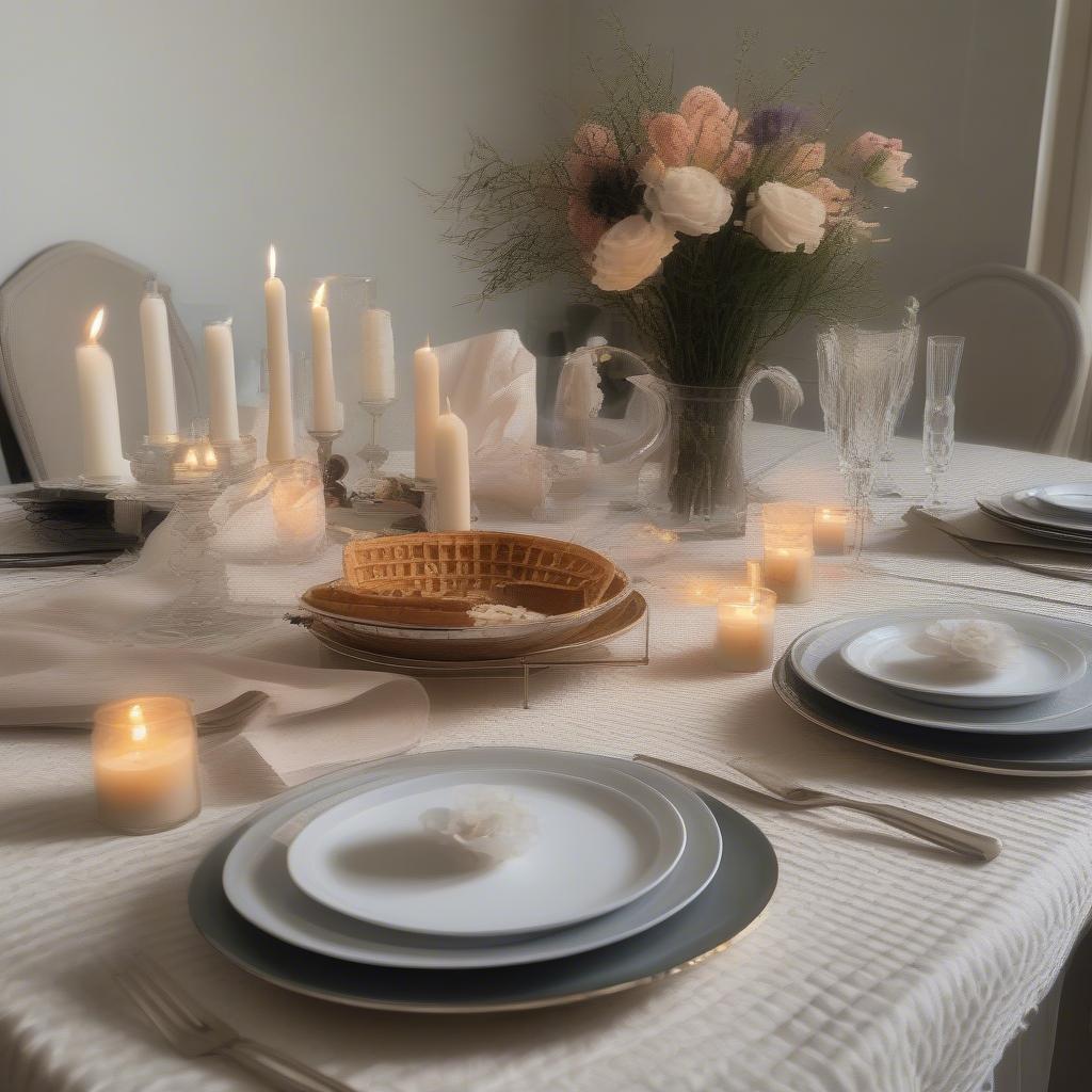 A beautifully styled dining table with a waffle weave tablecloth, place settings, and a centerpiece.