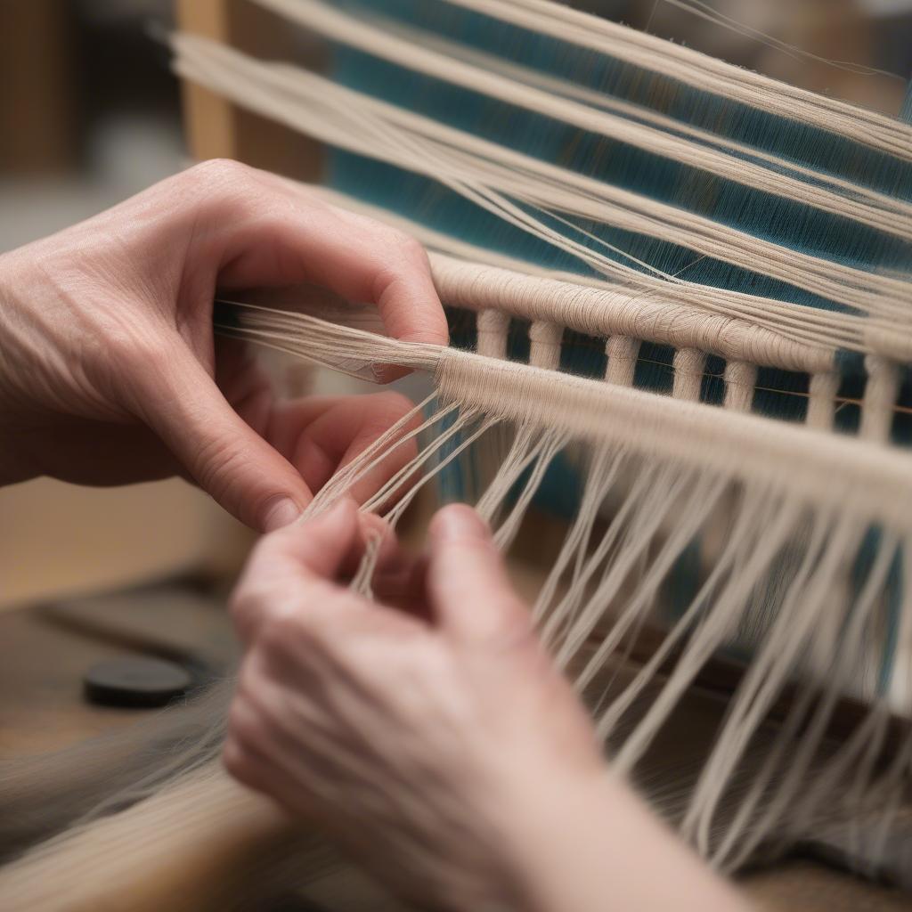 A person warping a table weaving peg loom, showing the process of wrapping the yarn around the pegs