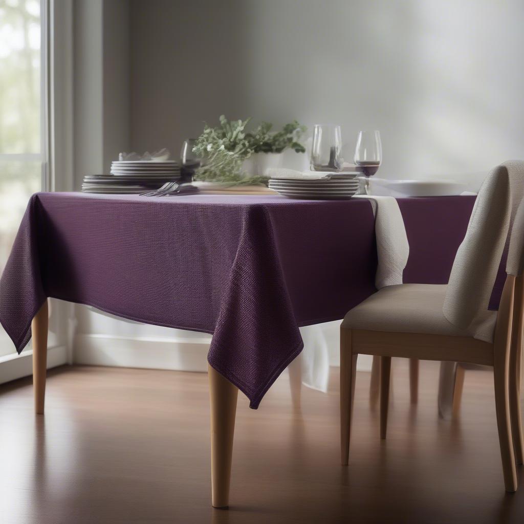 Waterproof Waffle Weave Eggplant Table Cover in a Dining Setting