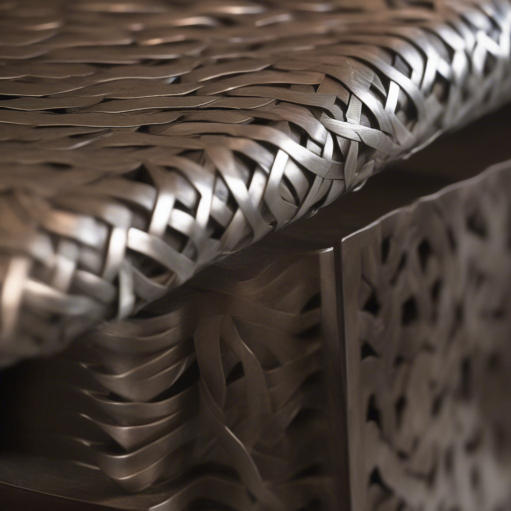 Close-up of the intricate metal weave on a barrel end table