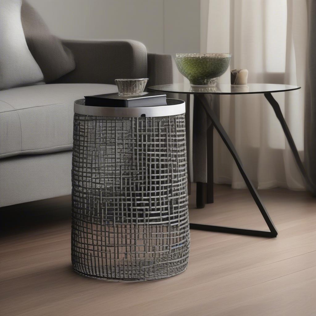 A weave metal barrel end table in a contemporary living room setting