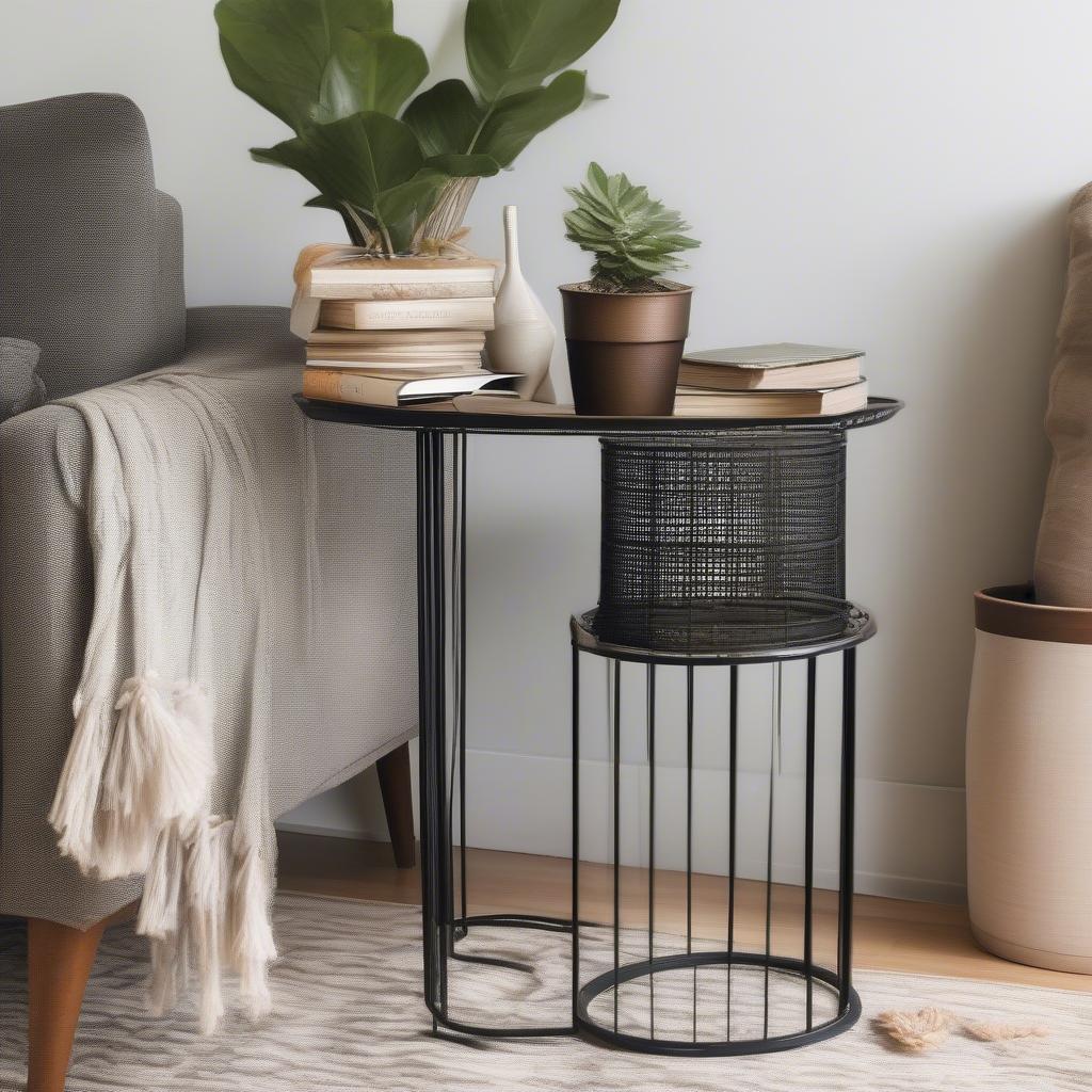 A weave metal barrel end table styled with books, a plant, and a decorative tray