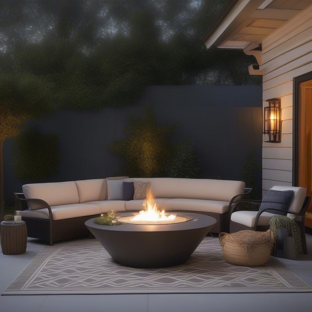 Weave metal gas fire table in an outdoor setting with furniture and decor