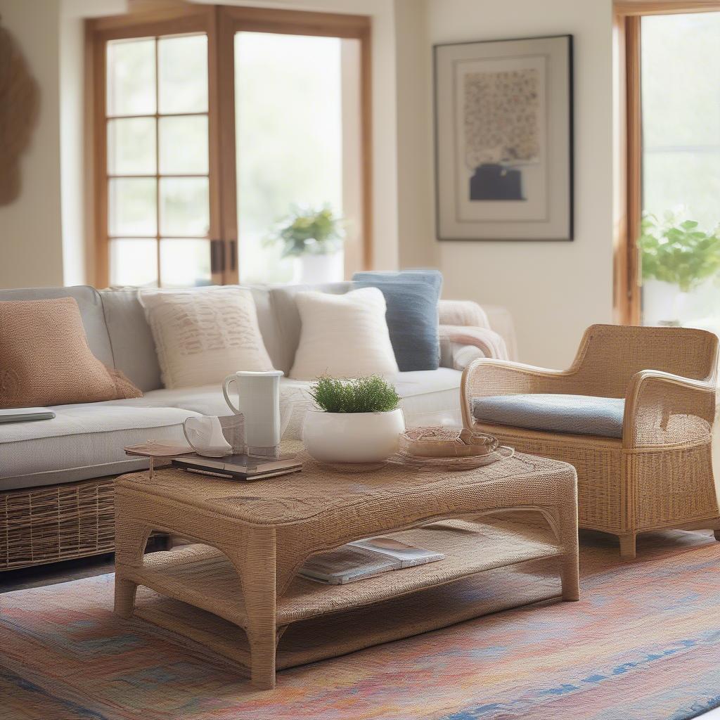 A woven coffee table made of wicker in a modern living room setting, showcasing its natural texture and aesthetic appeal.