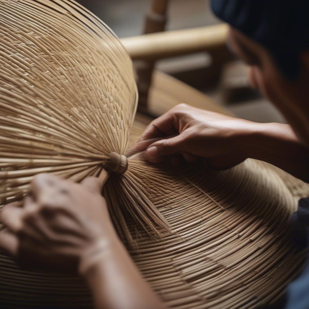 Traditional Vietnamese Craftsman Weaving a Bamboo Hat