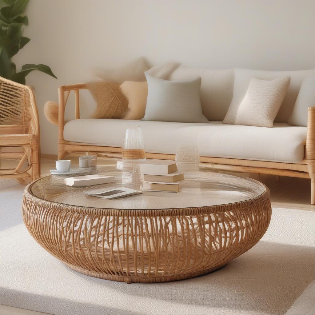 A beautiful weaved rattan coffee table in a modern living room setting.