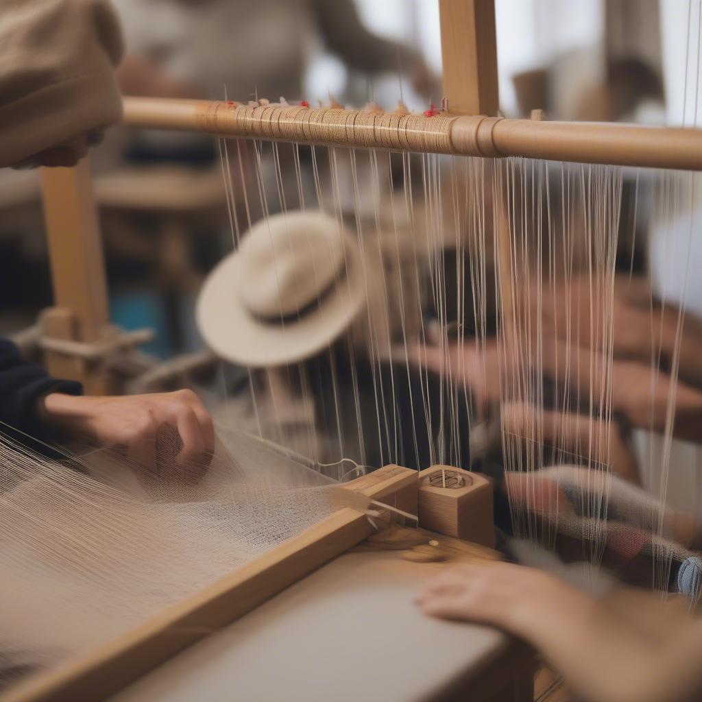 A weaver using downloaded instructions to create a hat on a loom