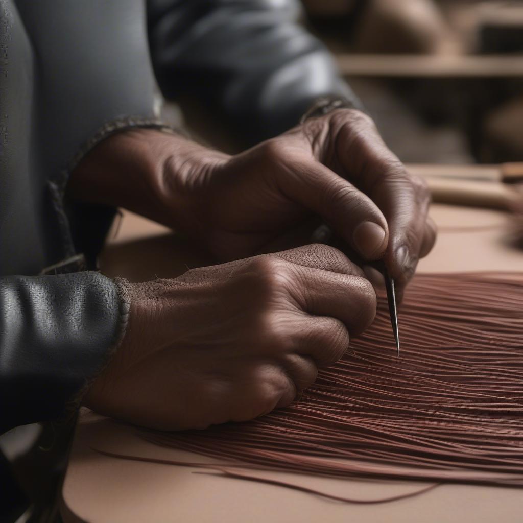 Close-up of artisan hands weaving a leather hat