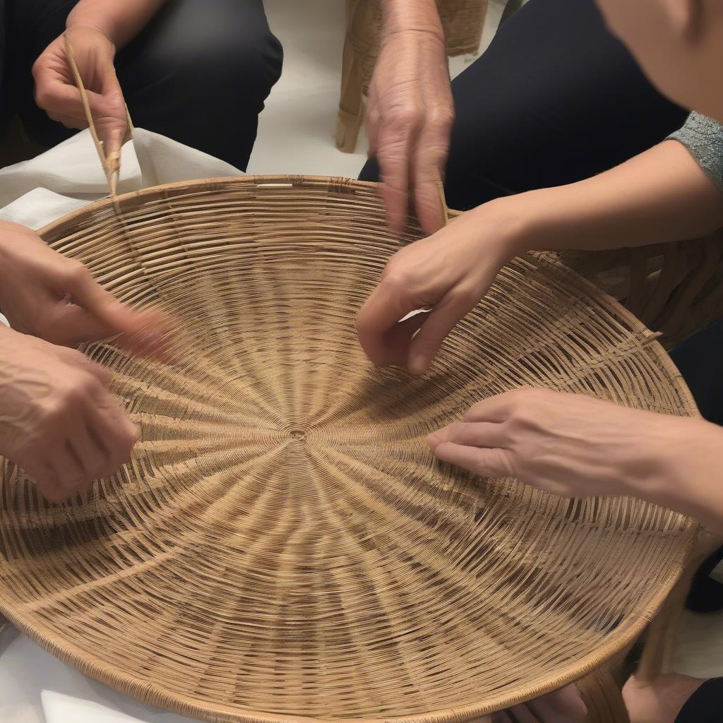 Participants Learning Basket Weaving at a Round Table Workshop