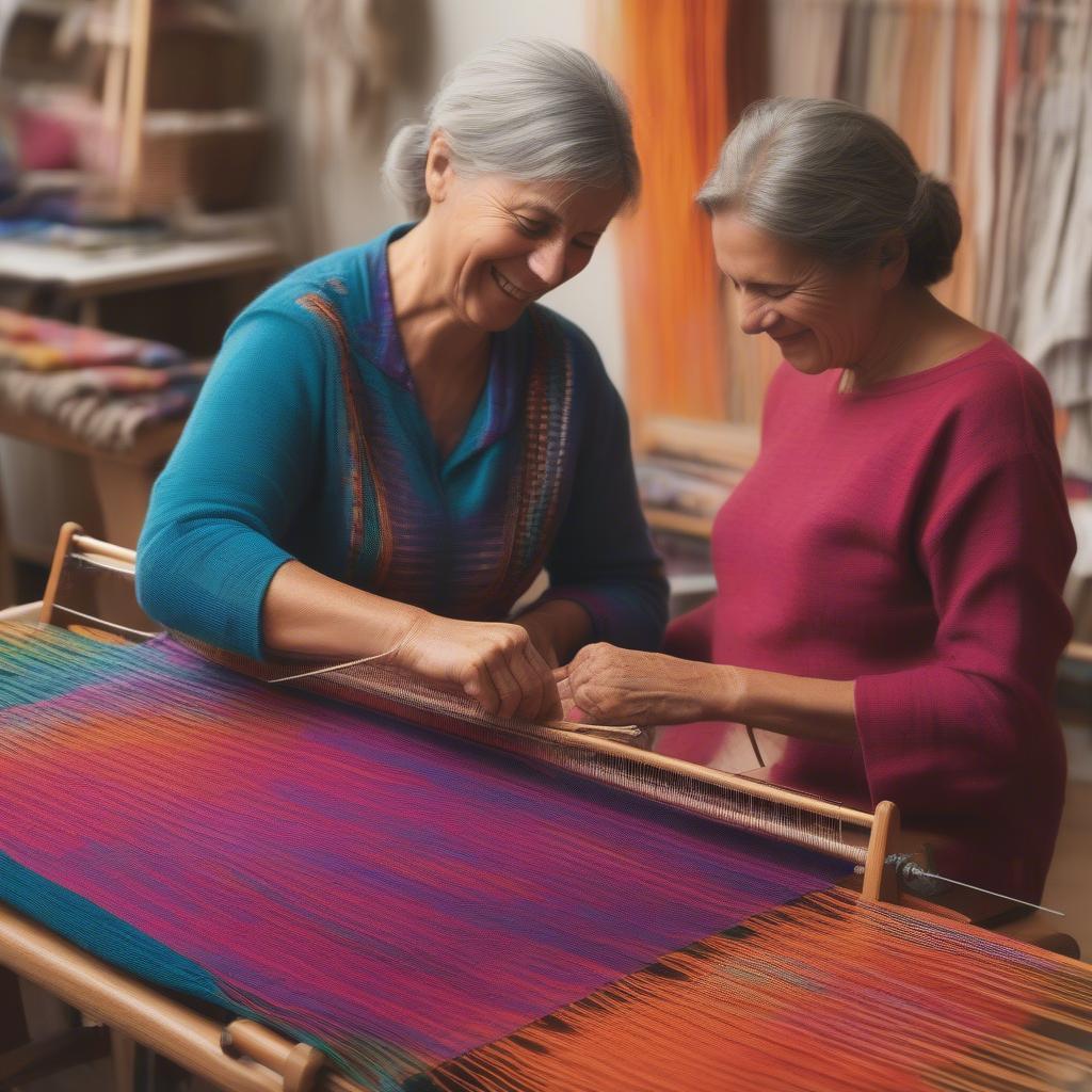 A weaver using a table top loom to create a colorful textile.