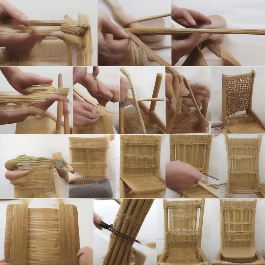 Step-by-step illustration of the cane weaving process for a chair seat, highlighting the key stages and techniques.