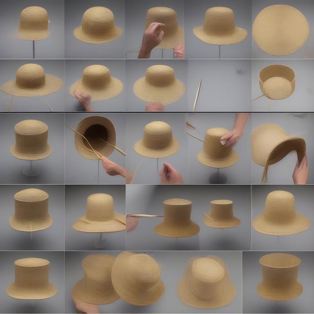 Step-by-step visual guide on weaving a cattail hat, demonstrating the key techniques and processes involved in each stage.