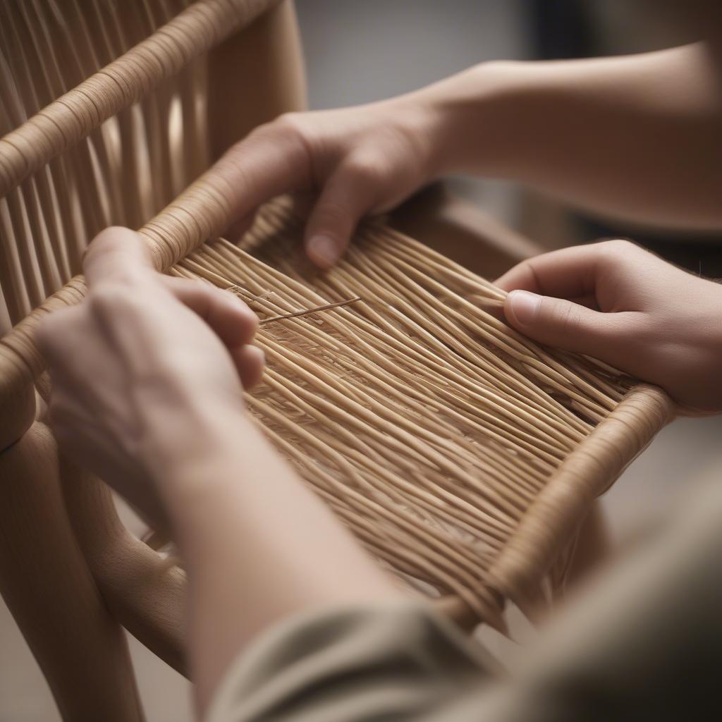 Weaving a chair seat with natural reed, showing the process of threading the reed through the chair frame.