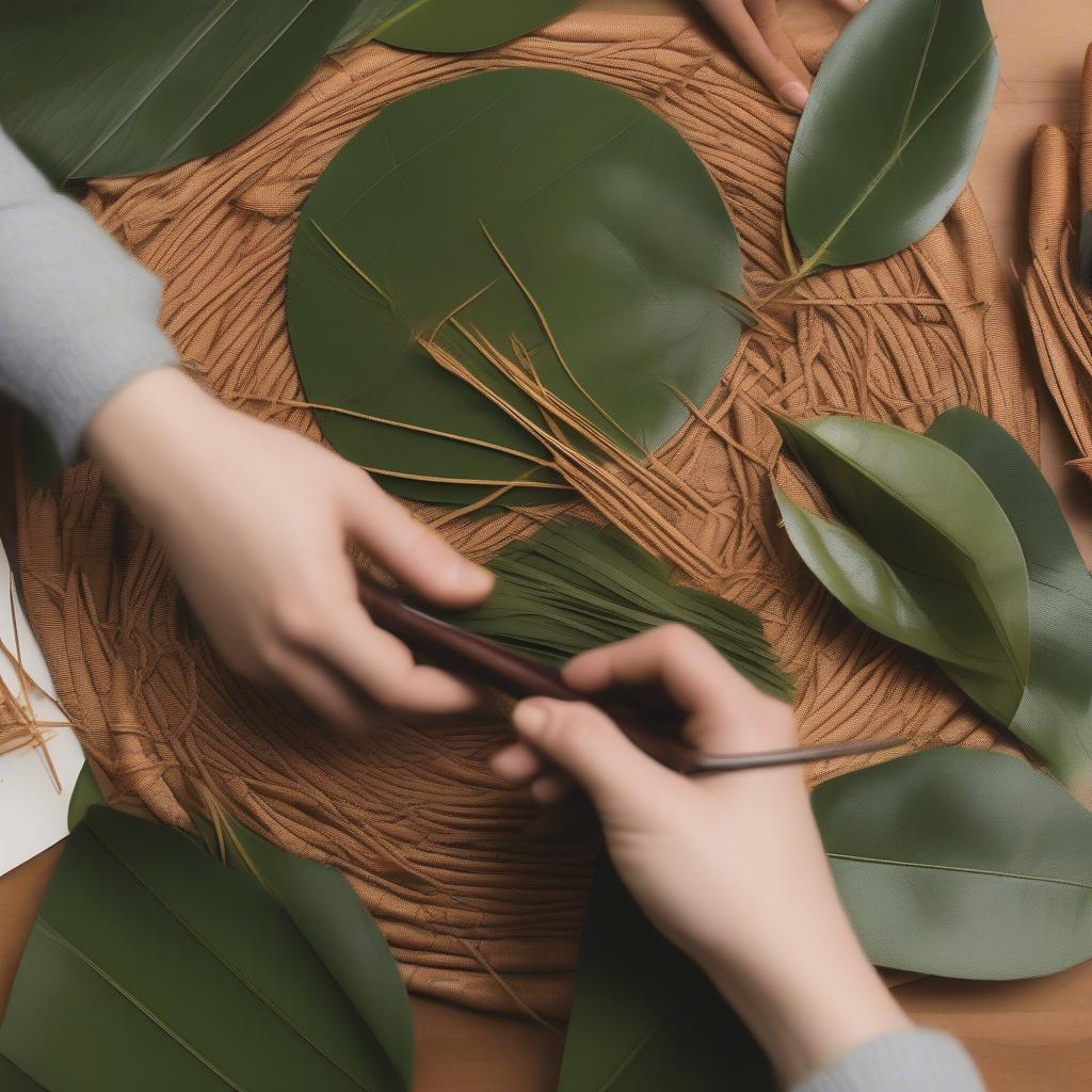 Weaving Ginger Leaves to Form Hat Crown