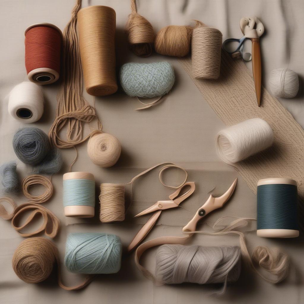 Various weaving materials suitable for creating table mats, including raffia, jute, cotton, and linen yarn.