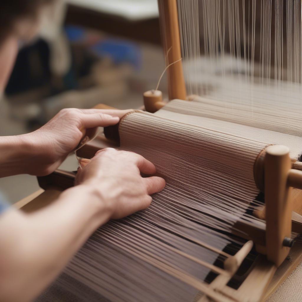 A person weaving on a table top loom, showcasing the process and the finished product.