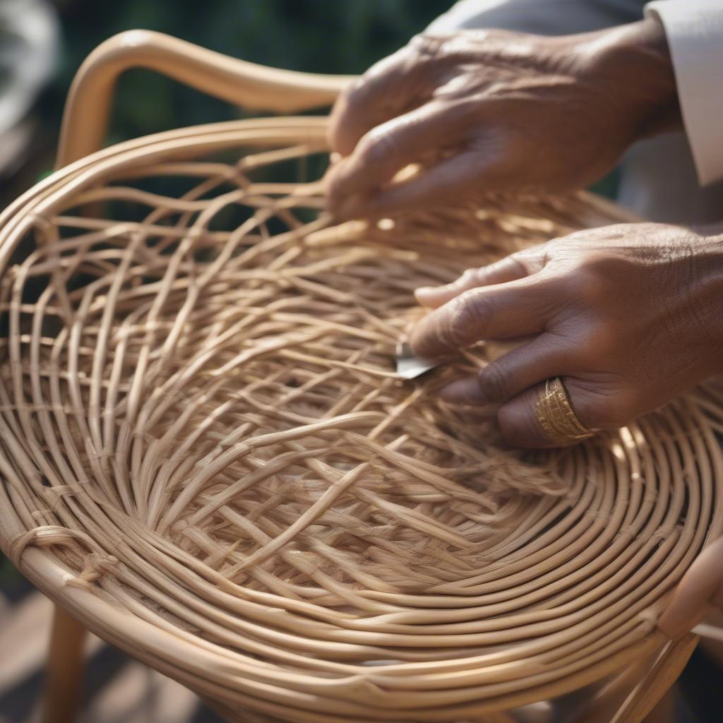 Weaving an outdoor chair with natural rattan material.