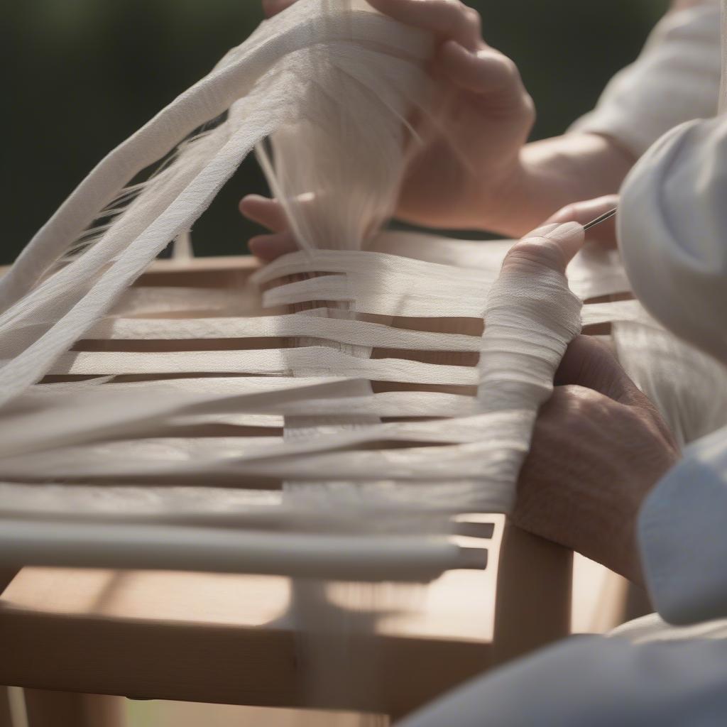 Weaving painters tarp onto a chair frame to create a durable and weather-resistant seat.