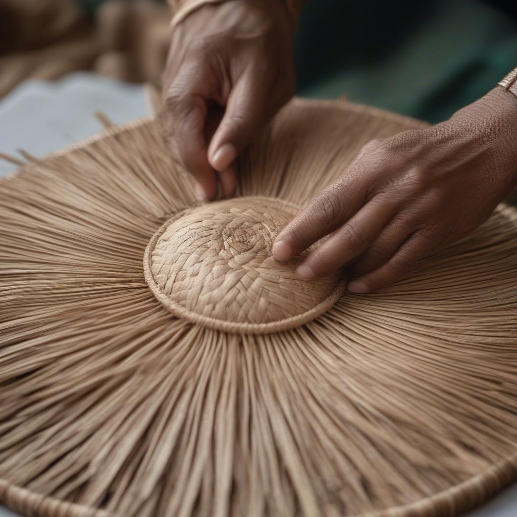 Weaving palm fronds to create a hat, showing the initial stages of the process with prepared fronds.