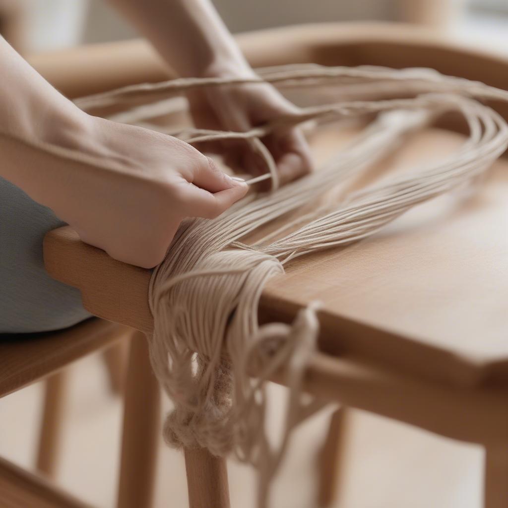 Weaving paper cord onto a chair frame