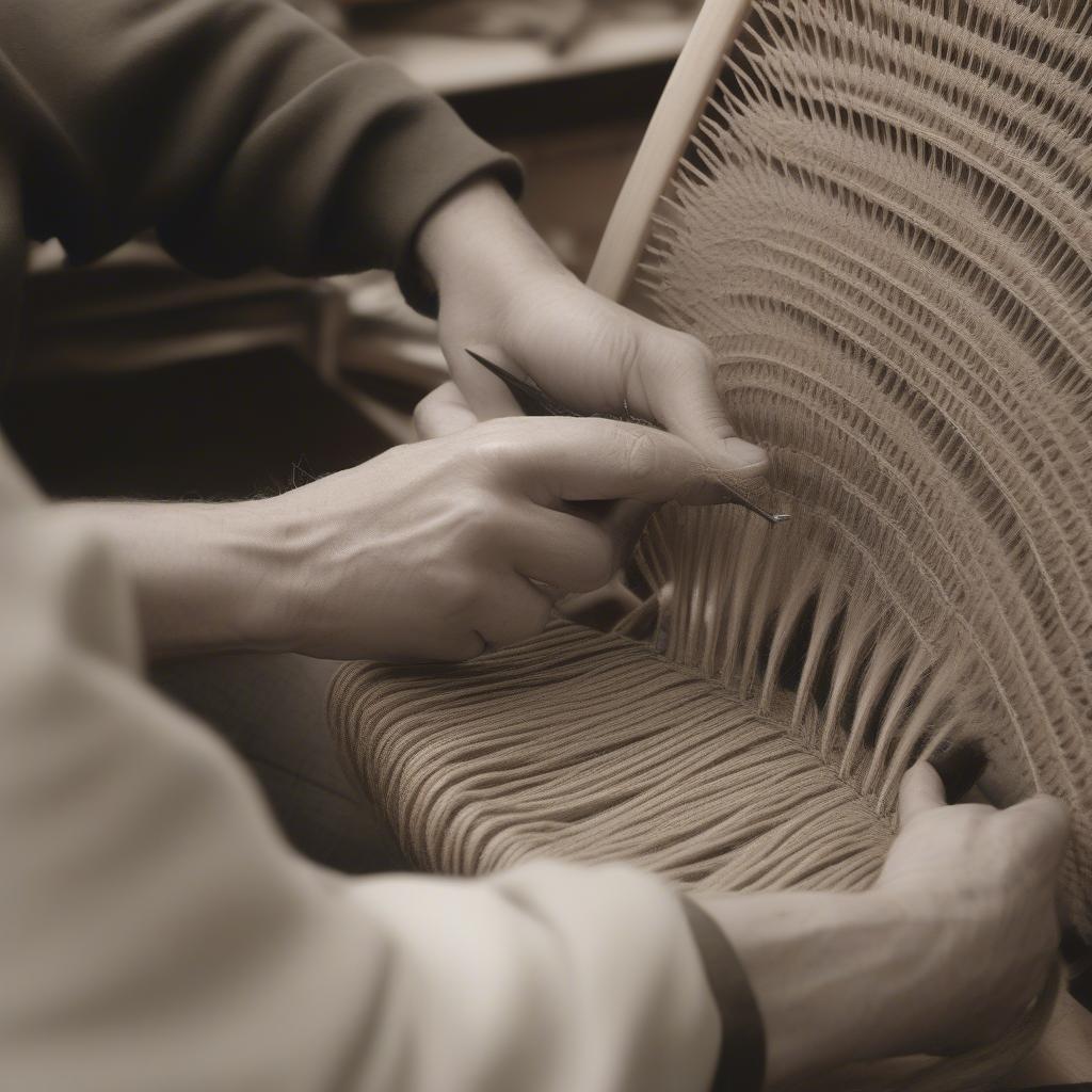 Hands actively weaving the seat of a Wegner Peacock chair, demonstrating the process.