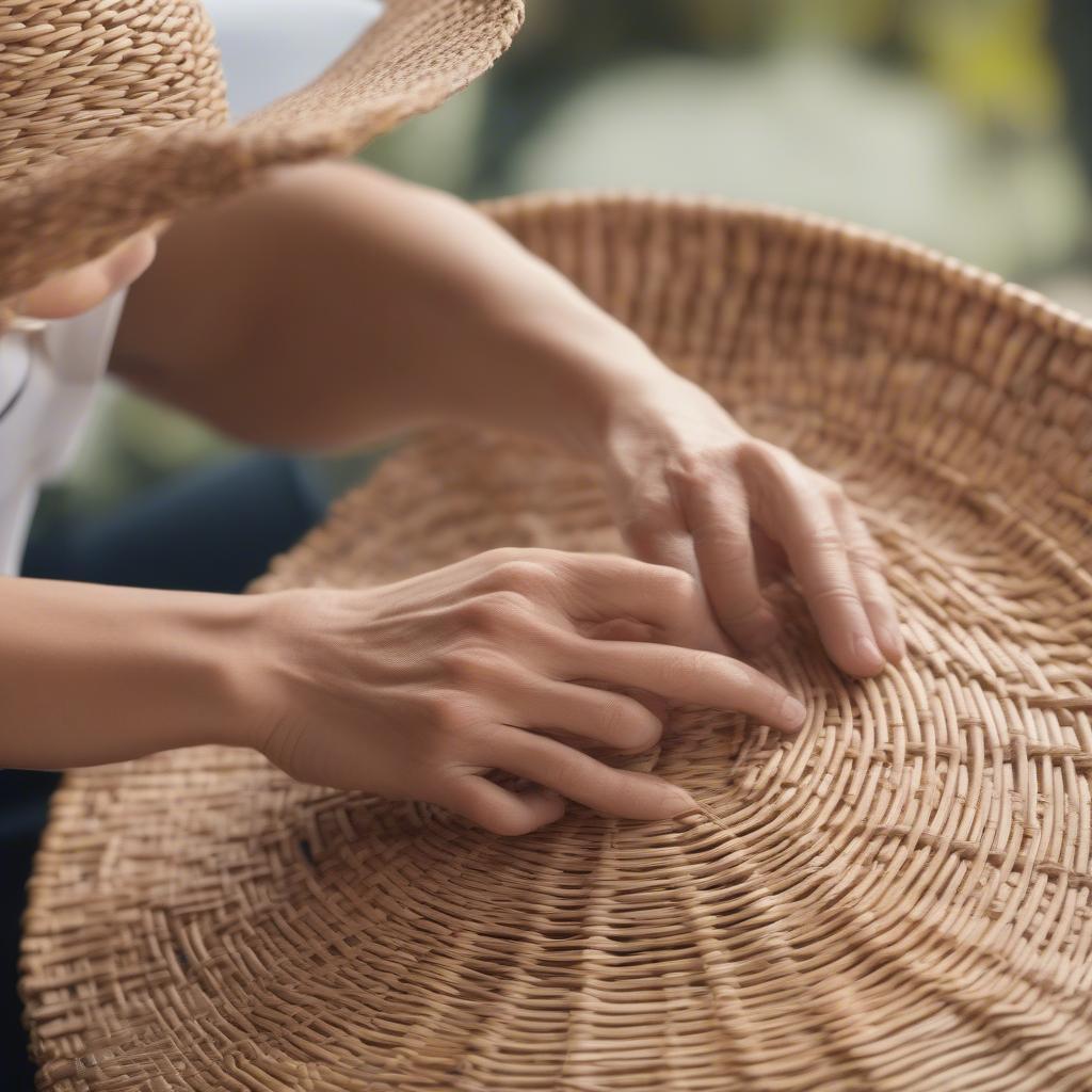 Weaving rattan on the top of a summer hat