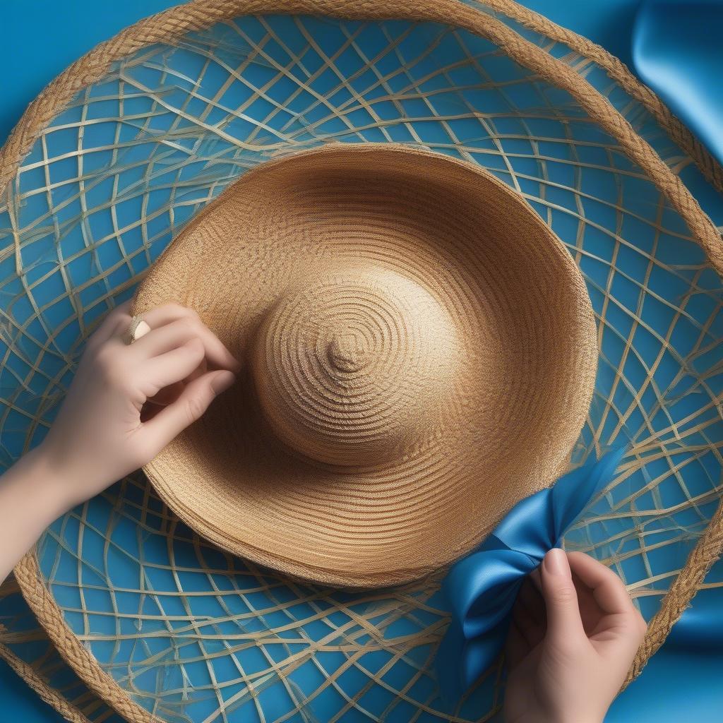 Weaving ribbon into a straw hat