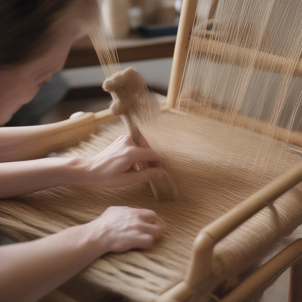 Close-up of hands weaving rush onto a chair frame