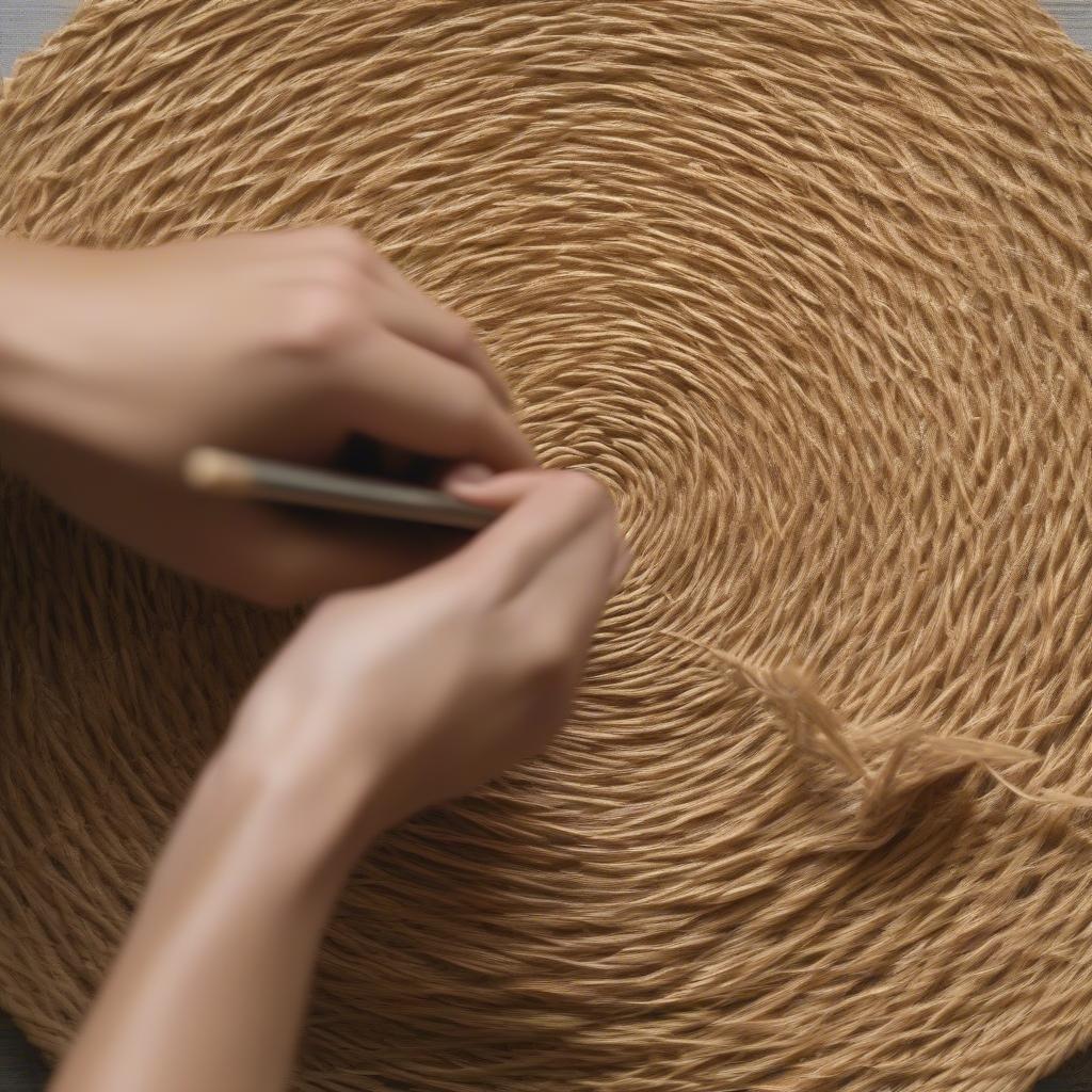 Weaving the base of a straw hat