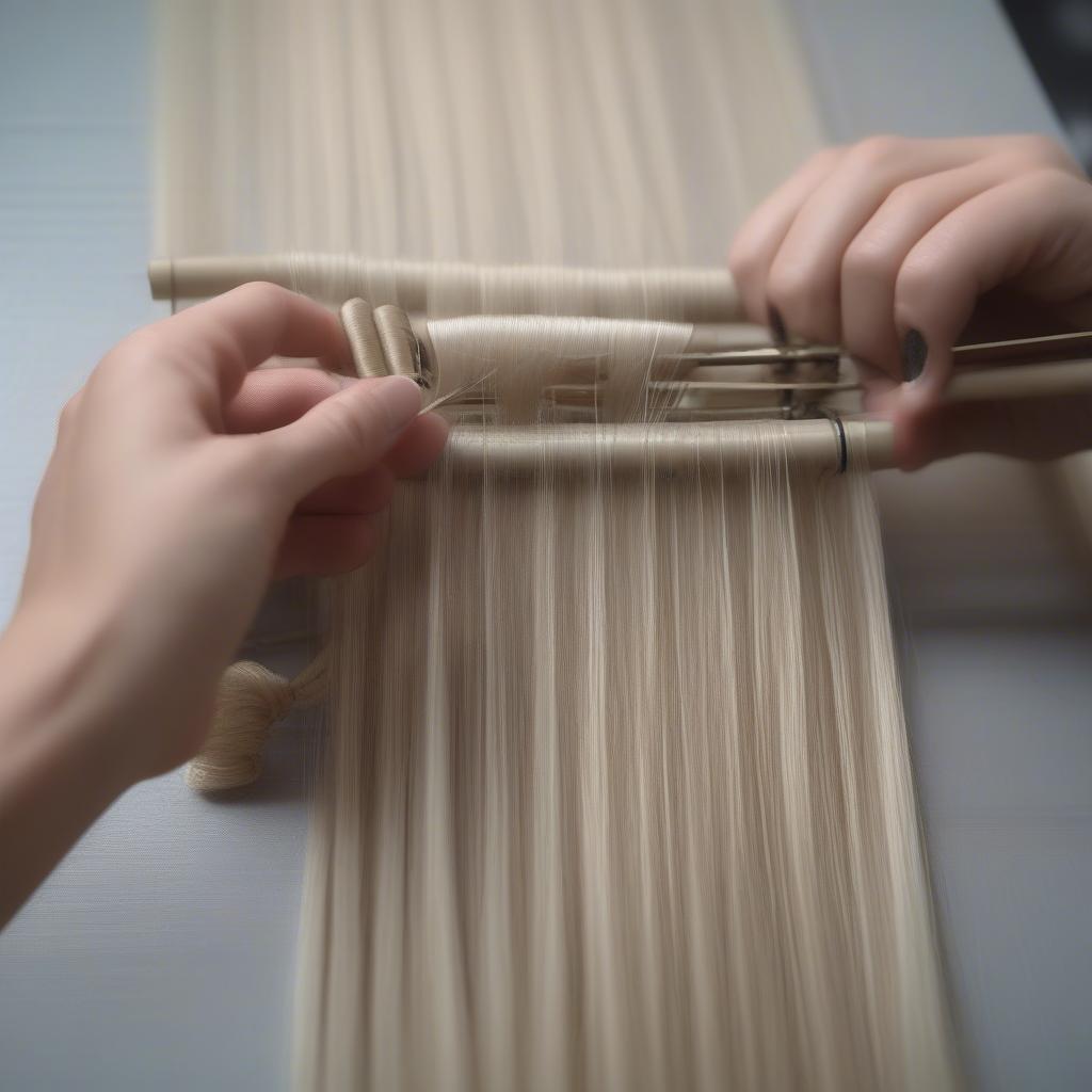 The process of weaving hair extensions on a weaving table