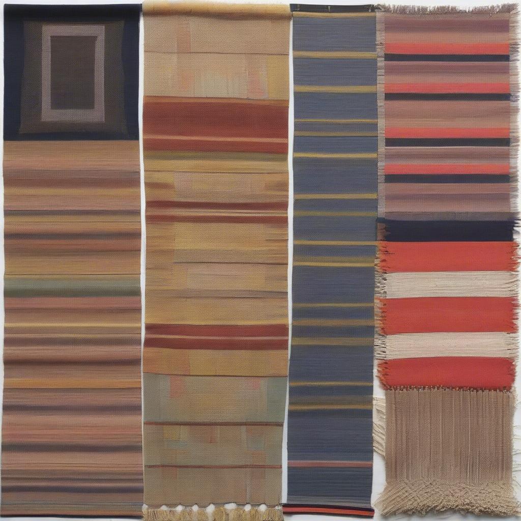 Various weaving patterns for table runners, showcasing different textures, colors, and designs, from simple stripes to complex geometric patterns.