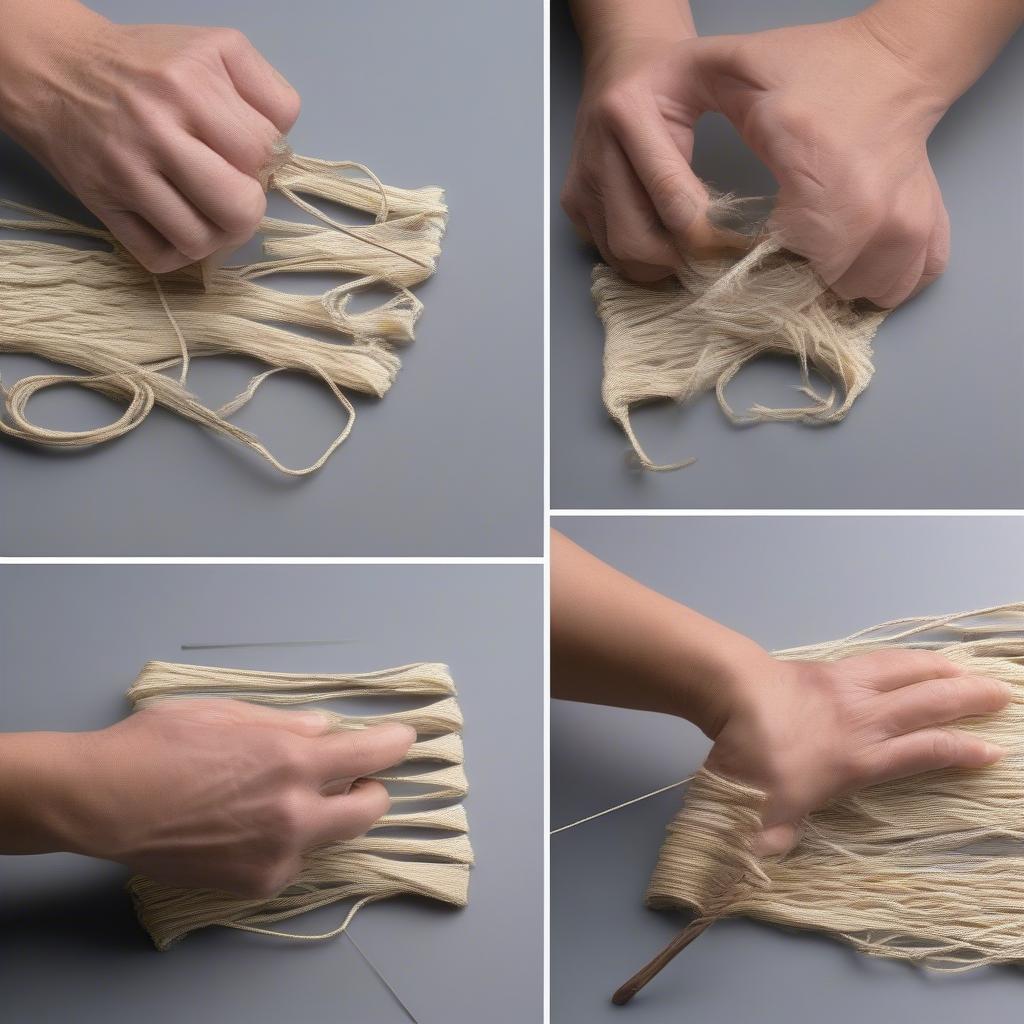 Demonstration of various weaving techniques used in creating folk art chairs, such as over-under weaving, twining, and coiling.