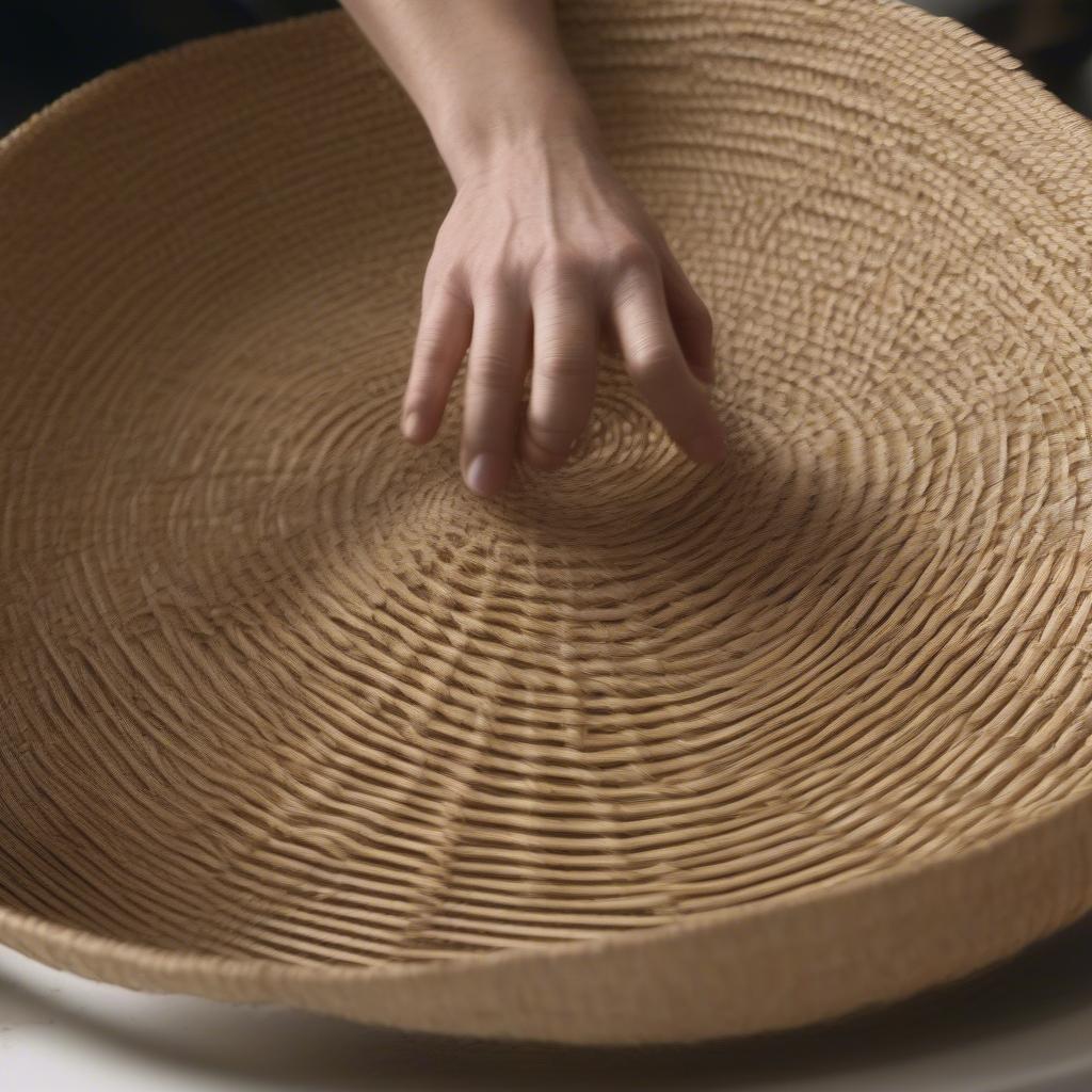 Weaving a wide brim straw hat, showing hands working with straw and the forming hat.