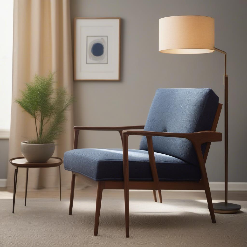 West Elm Parker Slipper Chair in Nordic Weave Indigo in a living room setting