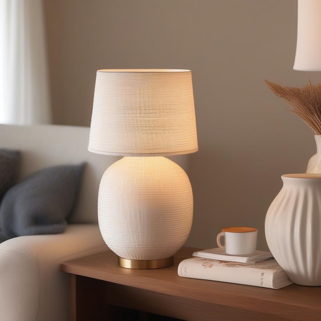 White Basket Weave Table Lamp in a Living Room Setting