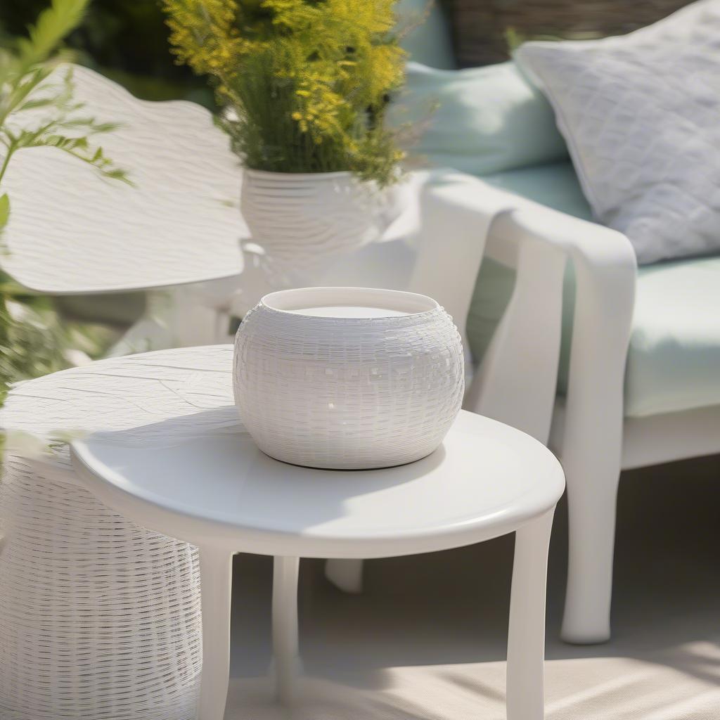 White Ceramic Basket Weave Outdoor Side Table: A stylish side table with a white ceramic top and a woven basket-like base, perfect for patios and gardens.